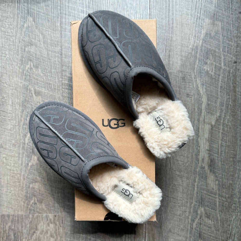 New UGG women’s plush scuff slipper with pearl UGG graphic